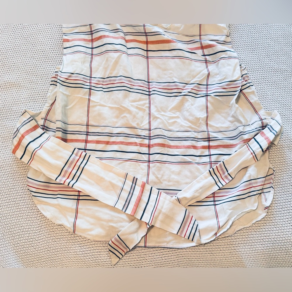 HABITUAL Nell Top White Red Navy Blue Tartan Plaid Striped Blouse w Tie Waist - Picture 10 of 16